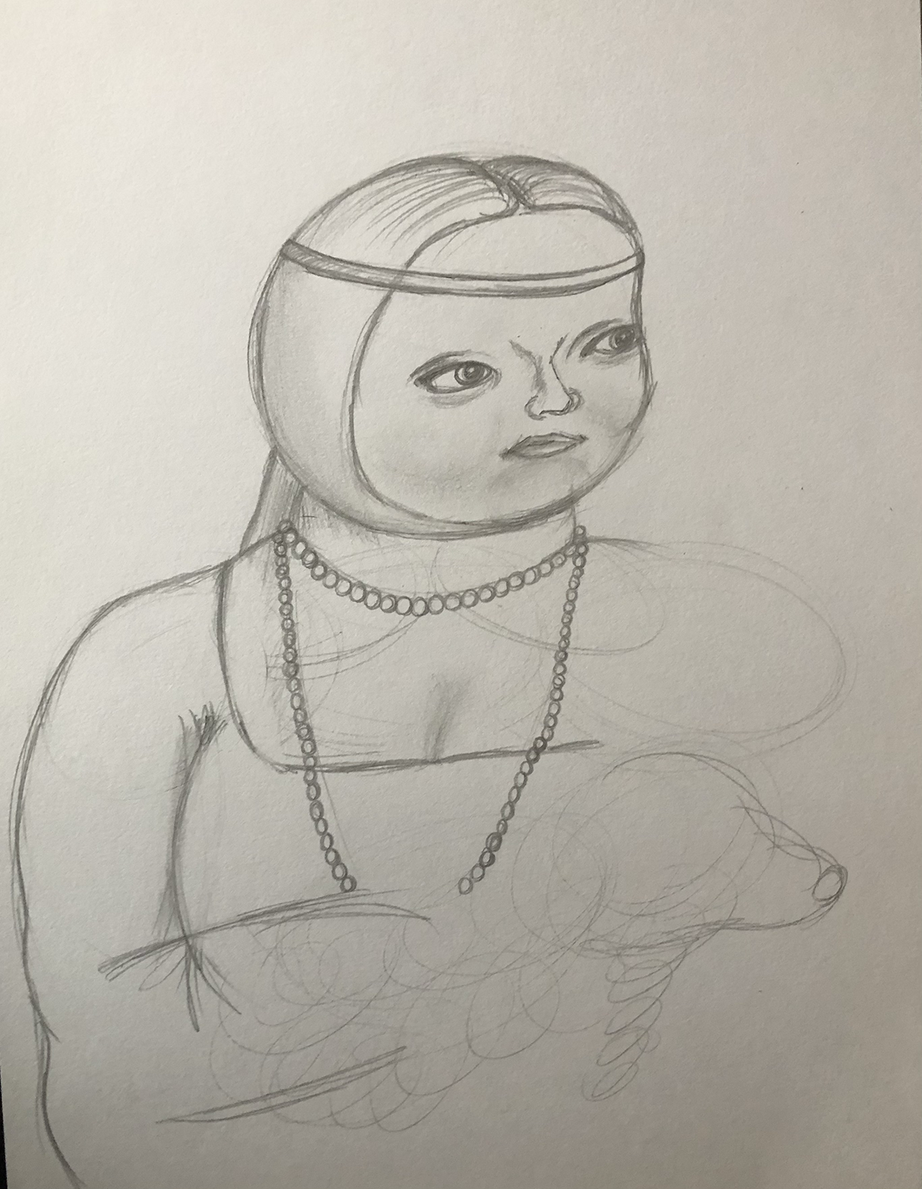 sketch of person with dog and necklace