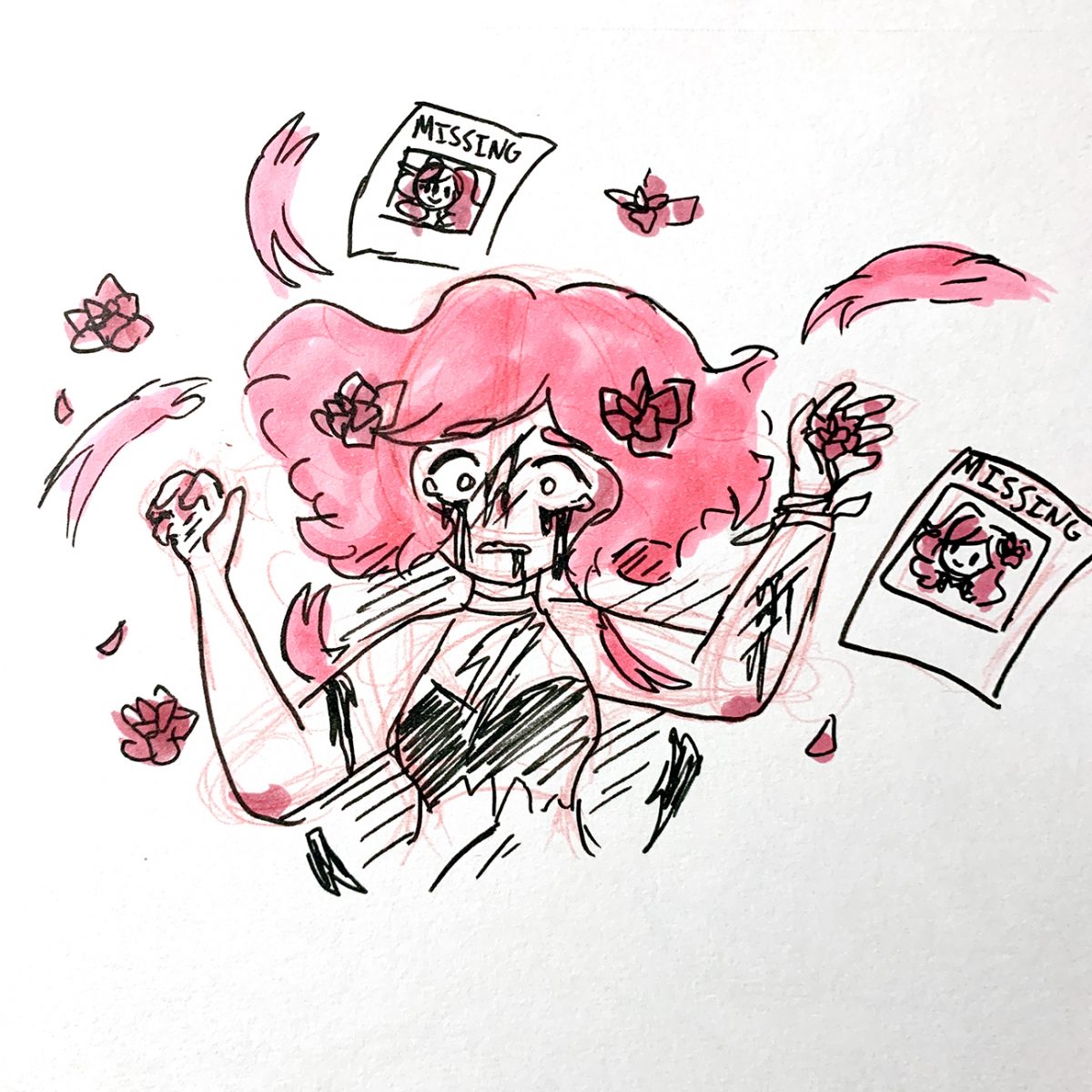 Person with pink hair with "Missing" posters