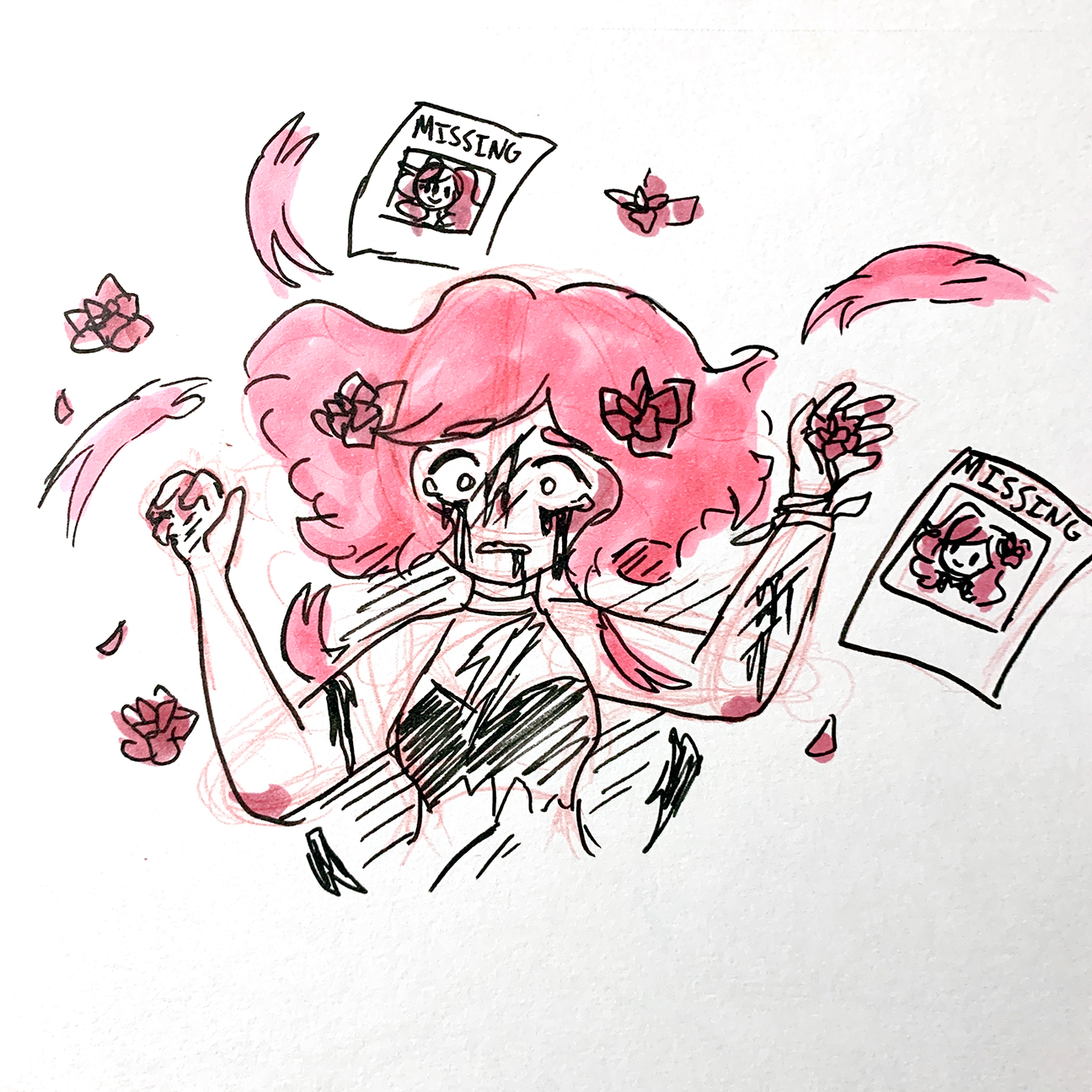 Person with pink hair with "Missing" posters