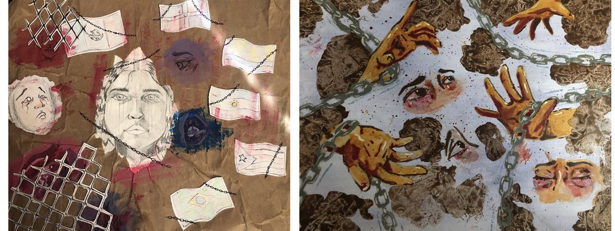 Collage with notes and painting with hands