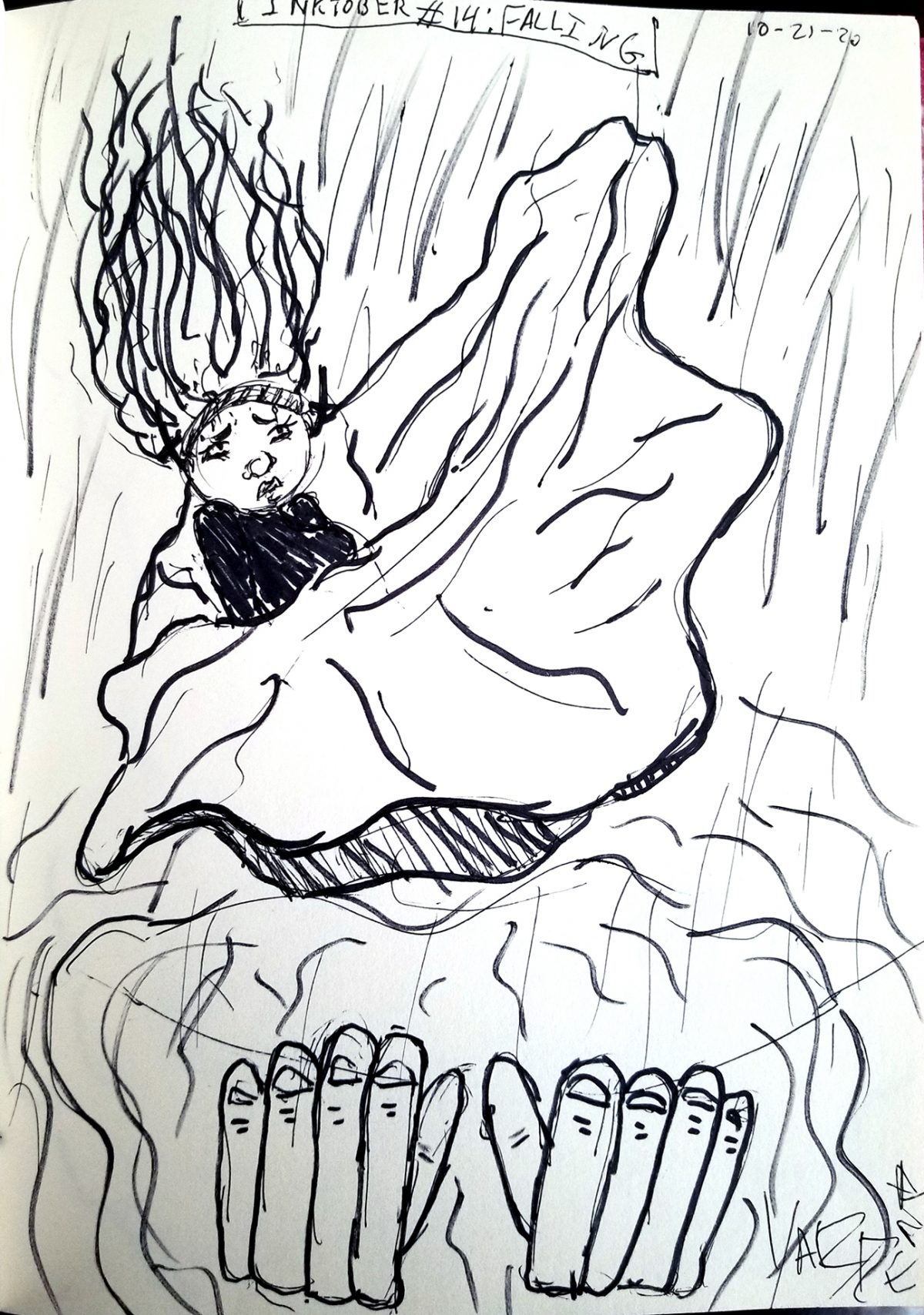 person wearing dress falling into large hands