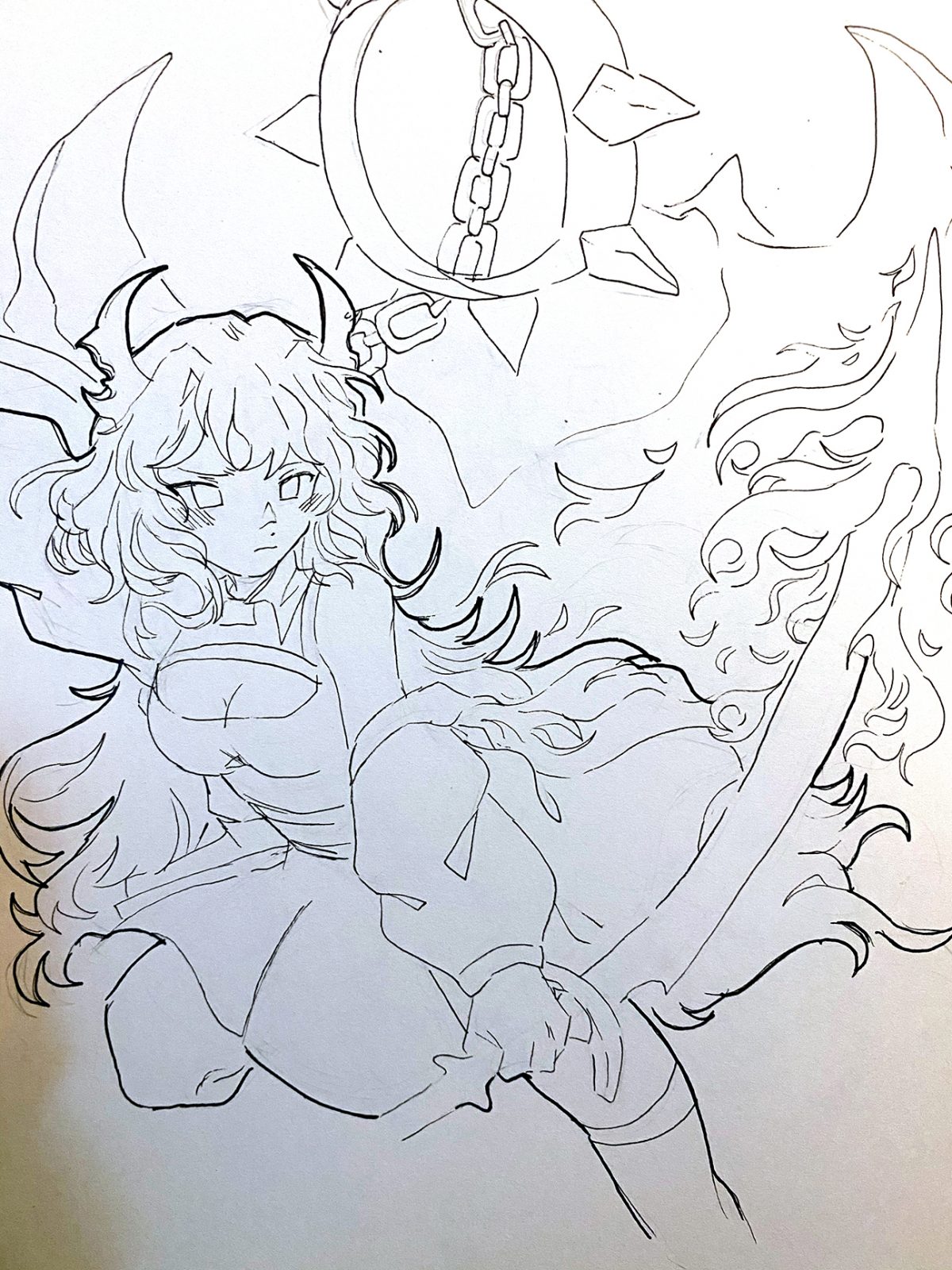 person with horns and sword in fire