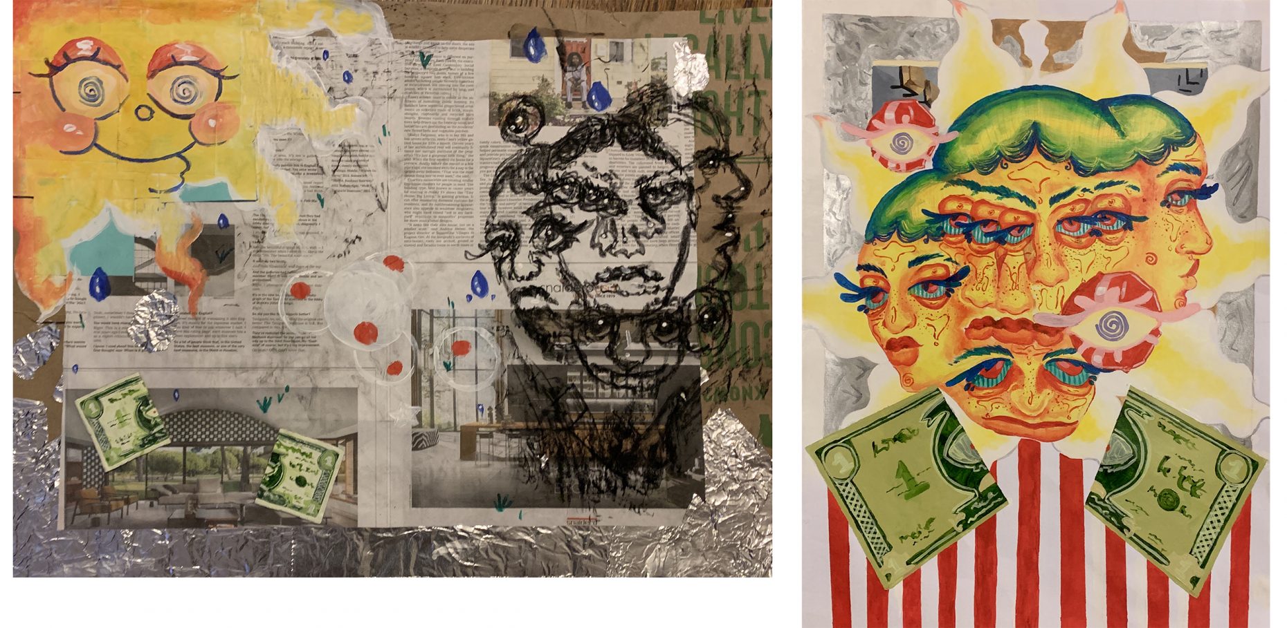 collage of people with many faces, painting of person with many faces and green hair