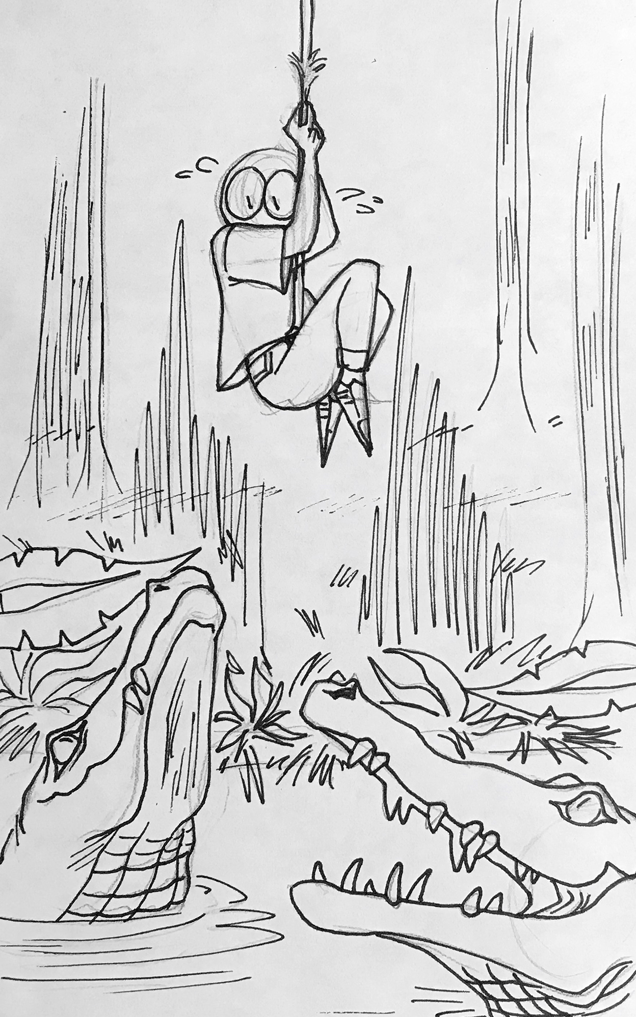 person holding onto a rope above alligators