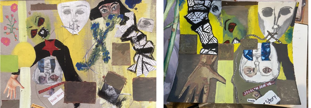 collage and painting of faces and abstract shapes