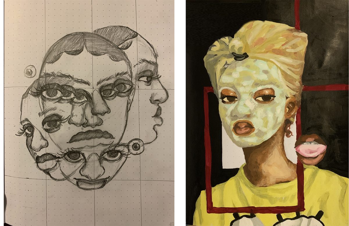 four face combined and a person in a head wrap, mask, and yellow top