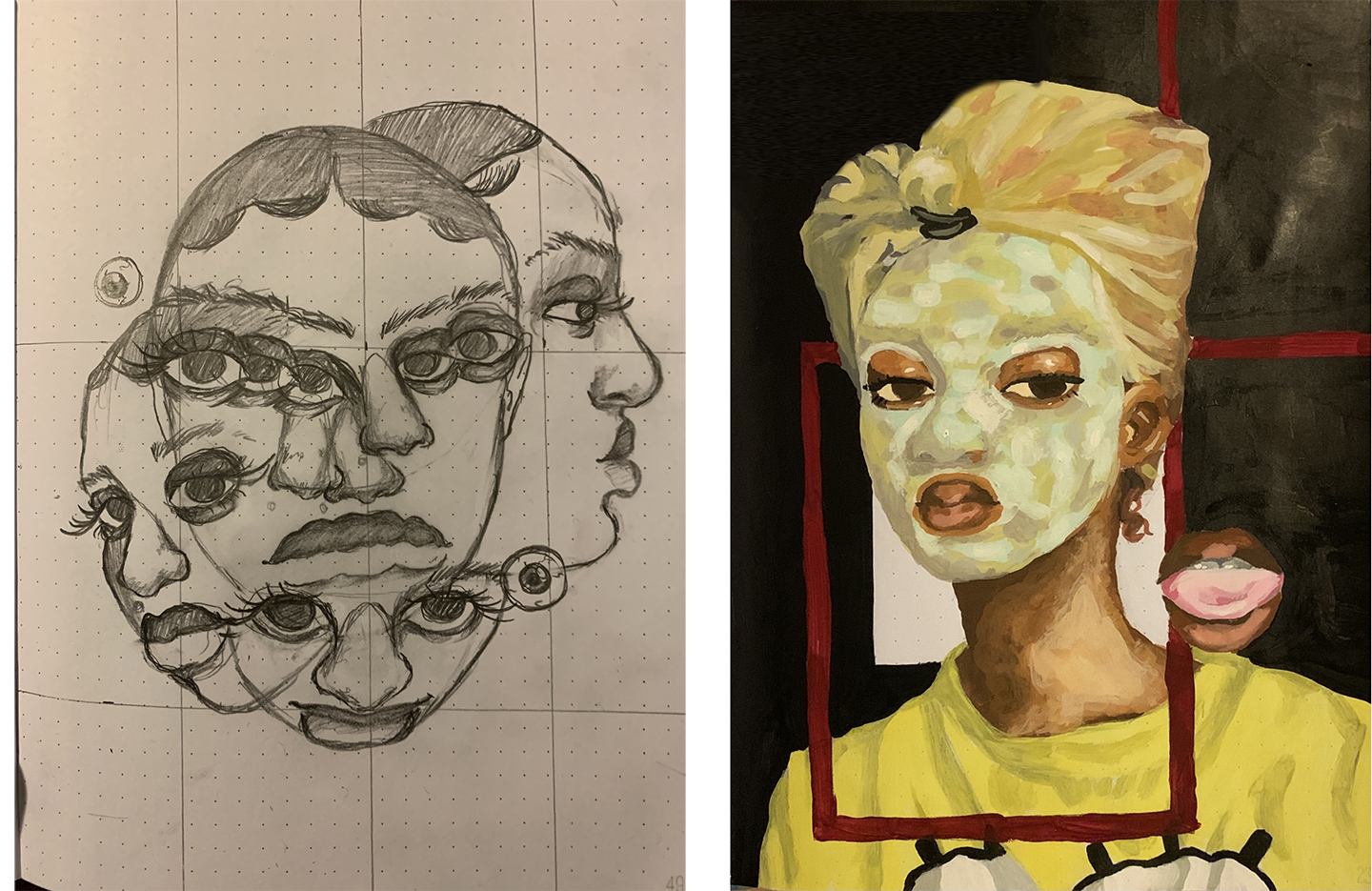 four face combined and a person in a head wrap, mask, and yellow top