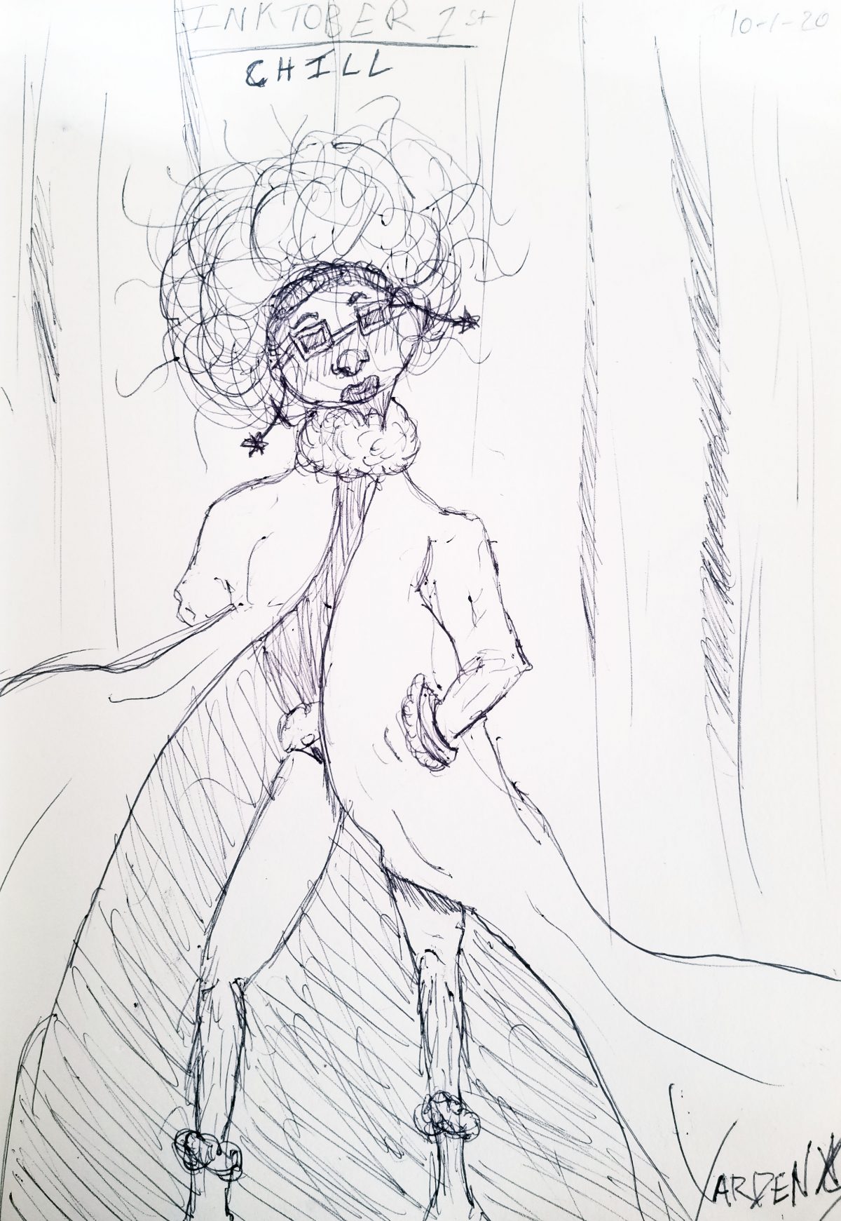 Line drawing of a person wearing a long coat