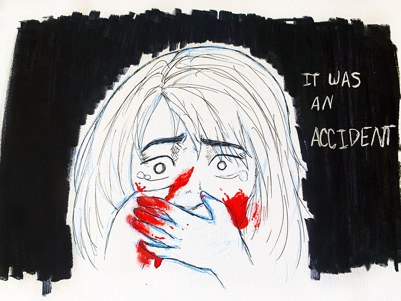 Person with red on their hands and face like blood