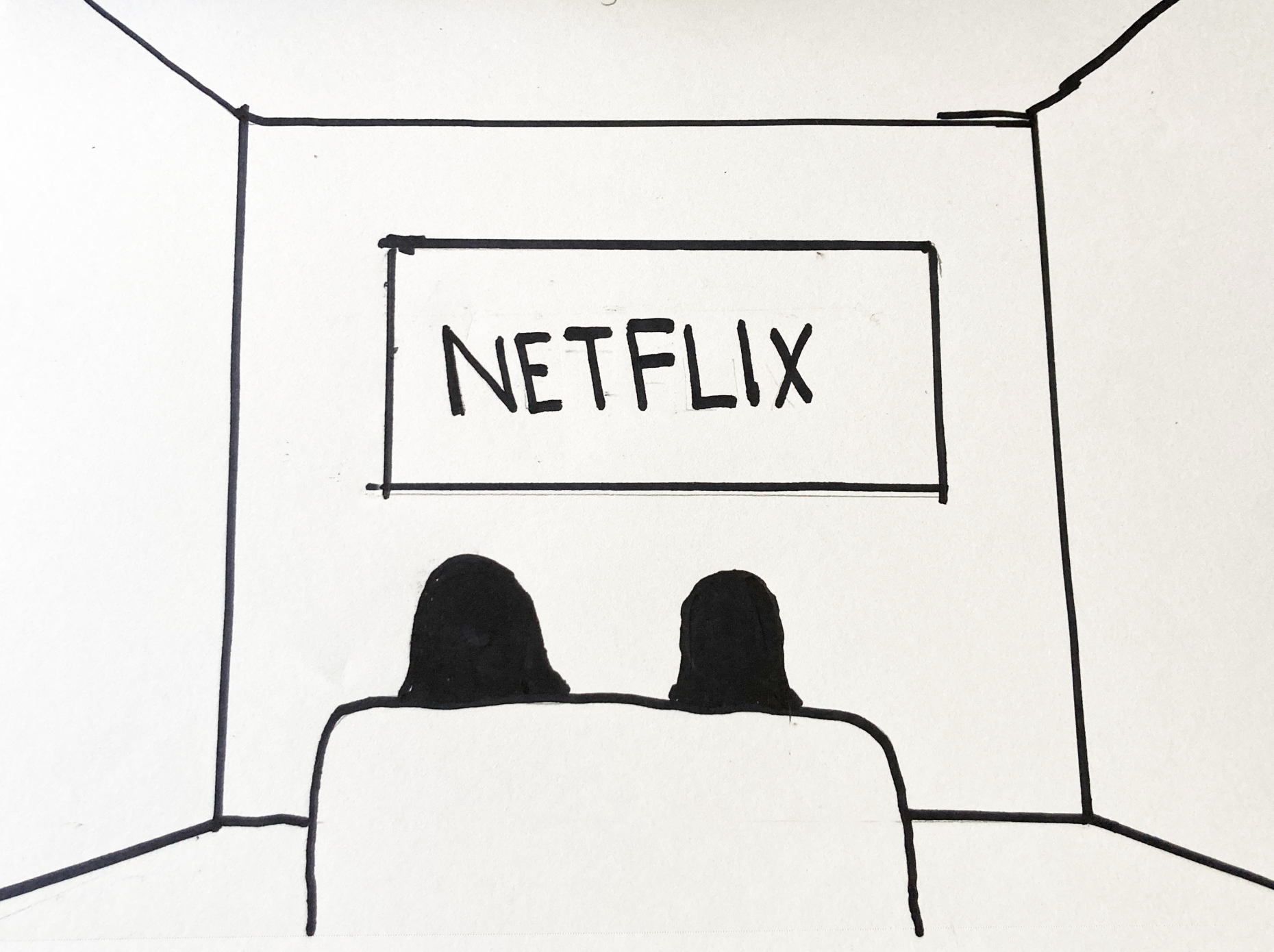 b/w drawing of people watching Netflix.