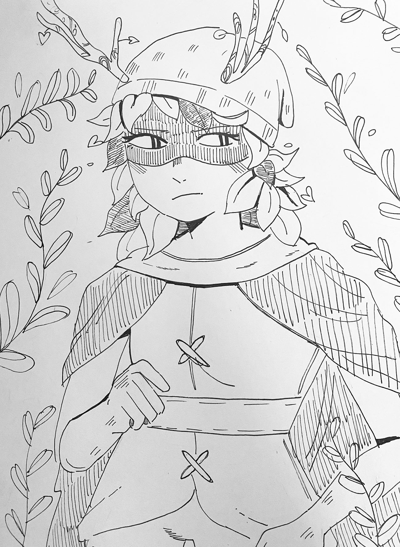 Person wearing helmet with twig horns