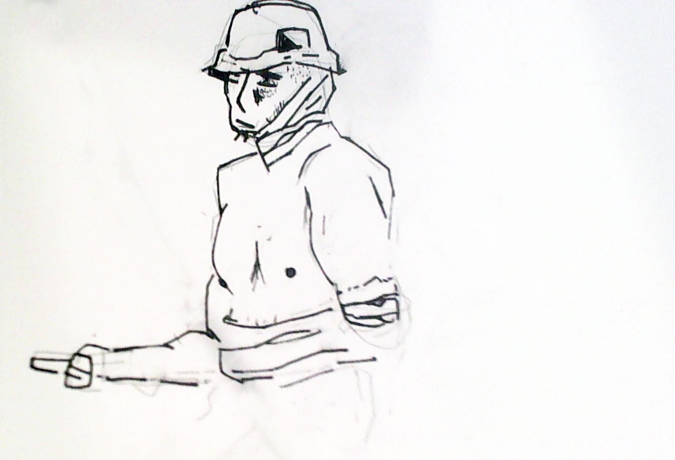 Black and white line drawing of the torso of a person wearing a hat.