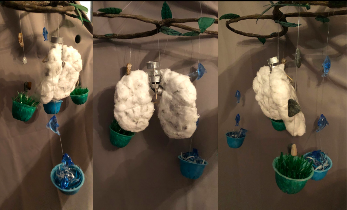 Three images of fluffy creations hanging from a branch