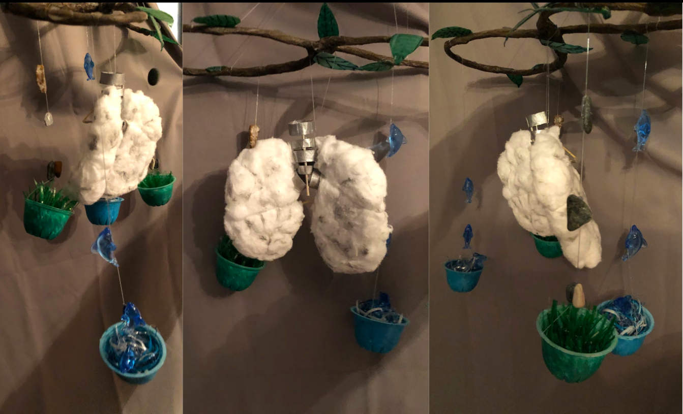 Three images of fluffy creations hanging from a branch