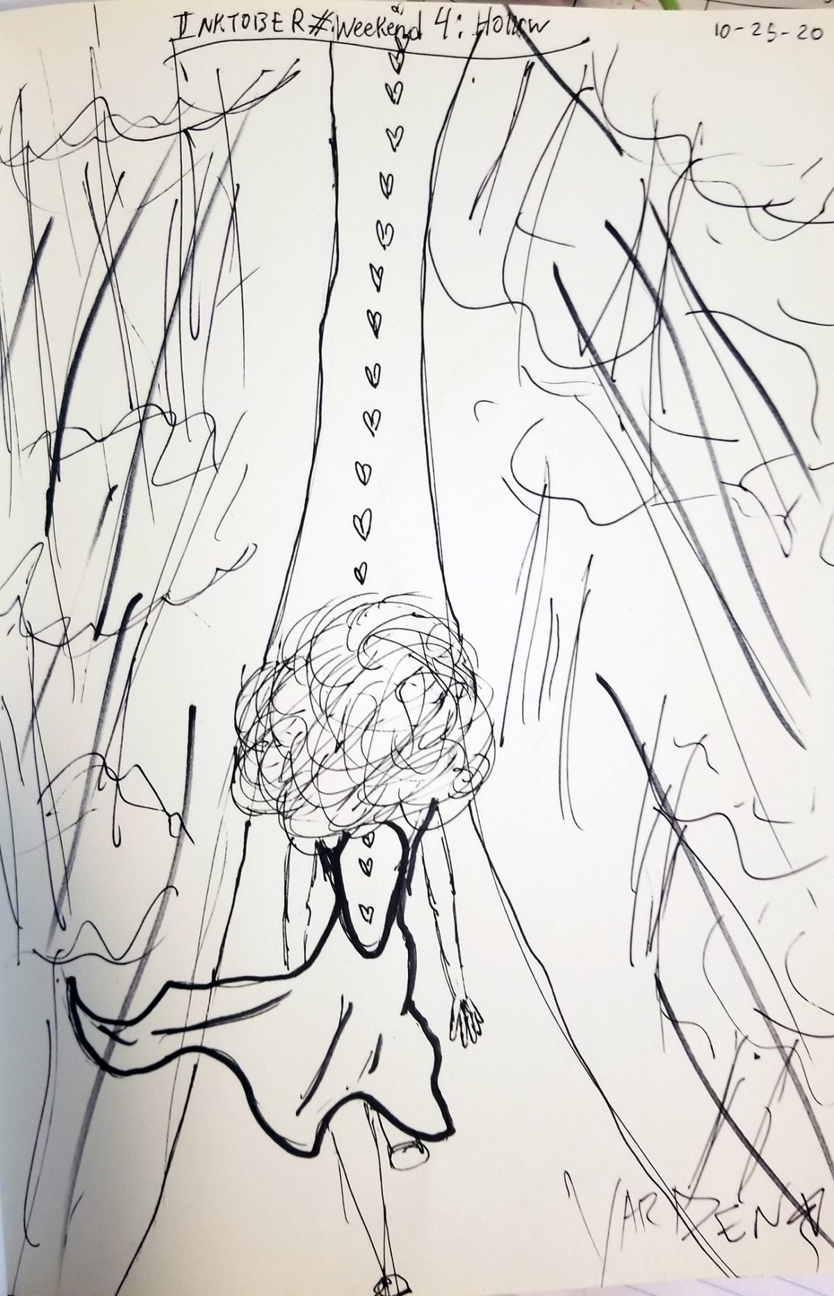 person with curly hair walking down a road of hearts