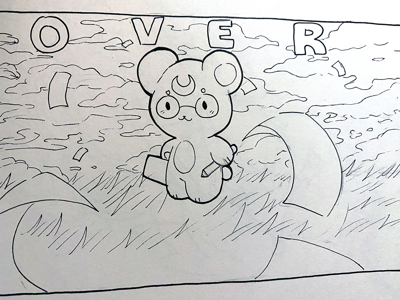 Bear with pencil and paper with word "Over" above