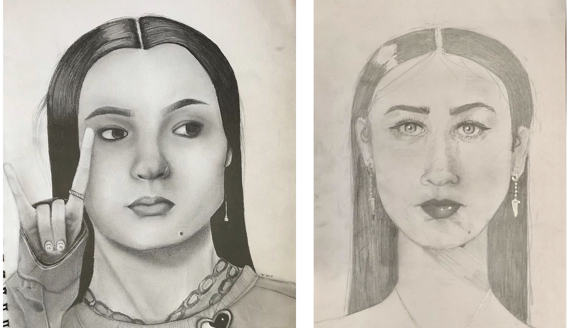 two portraits, one person is making a "bull horns" with their hand