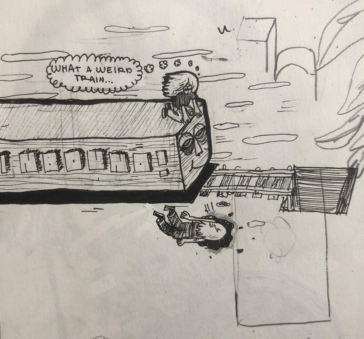 train speeding towards hole with a person sitting on top