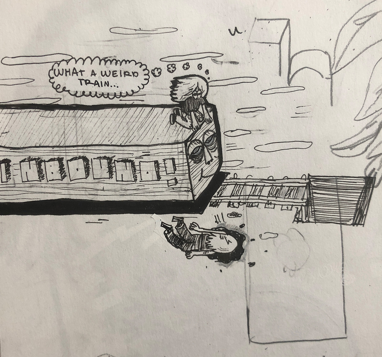 train speeding towards hole with a person sitting on top