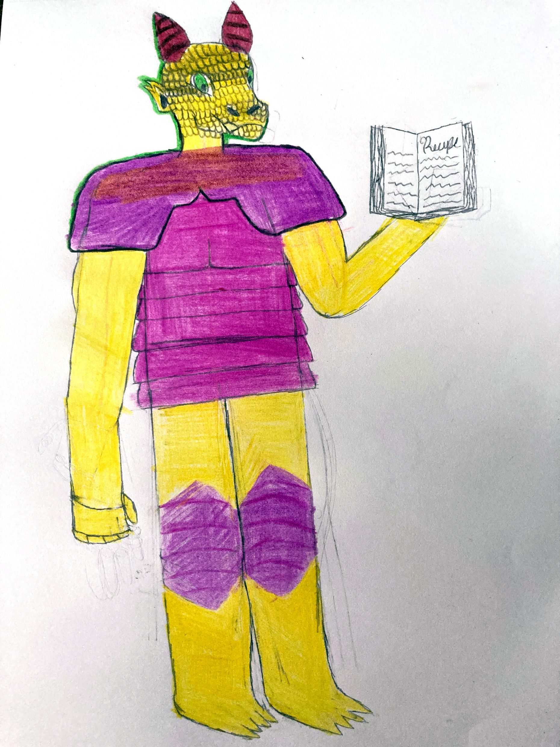 Drawing of a two-horned creature with a book and pink armor on a white background.
