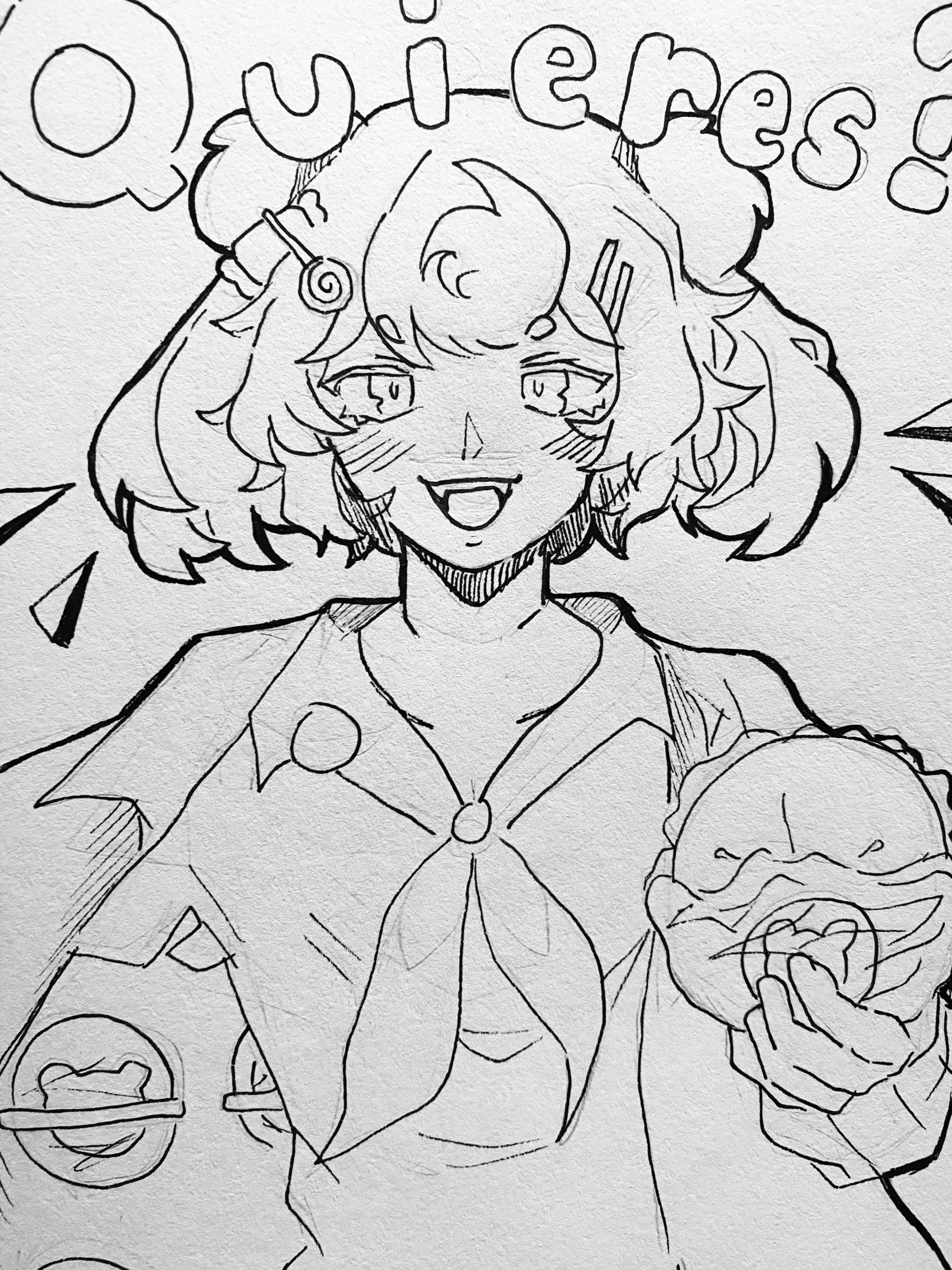 person in coat with "quieres?"