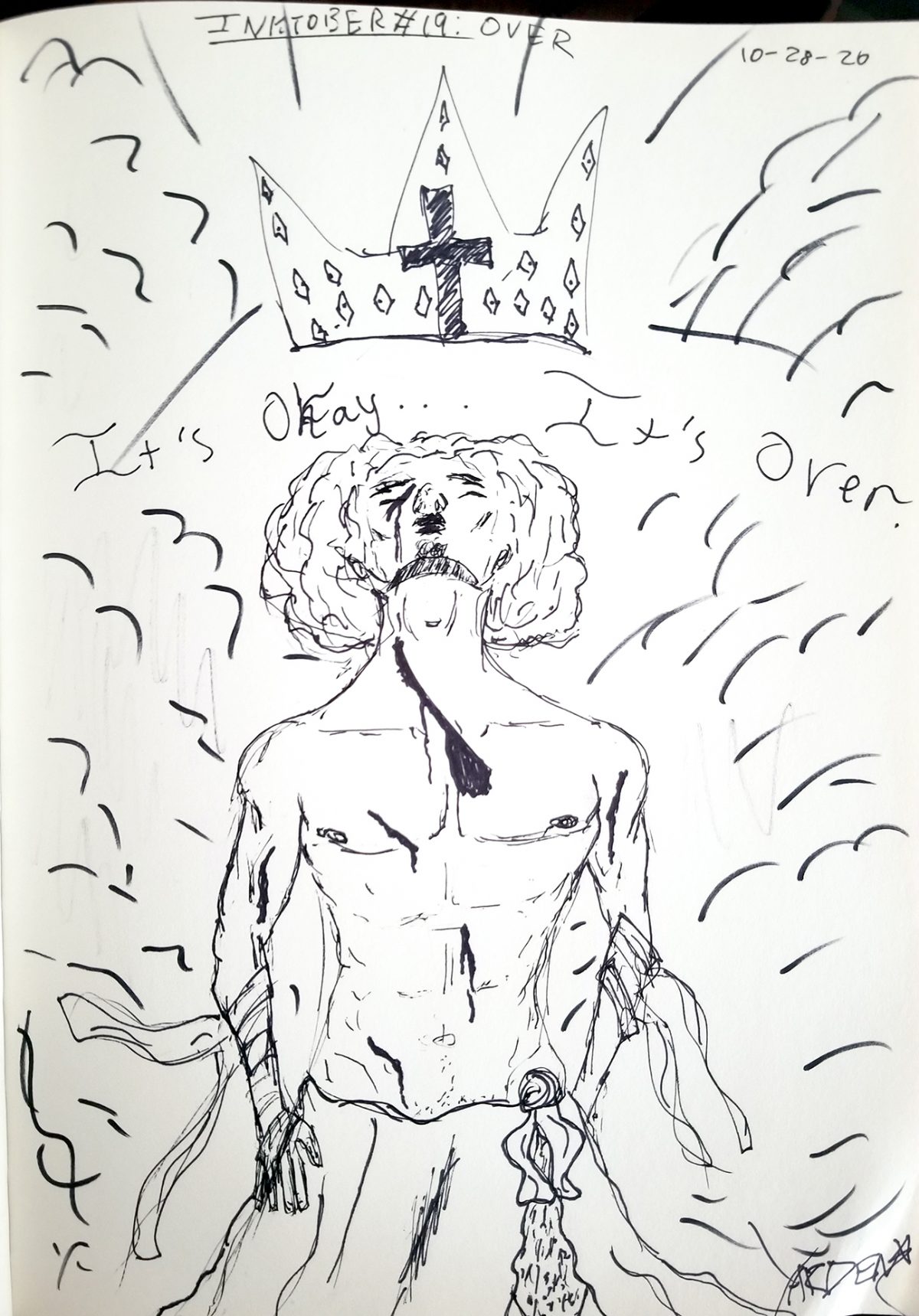 person looking up at crown saying "It's okay... it's over."