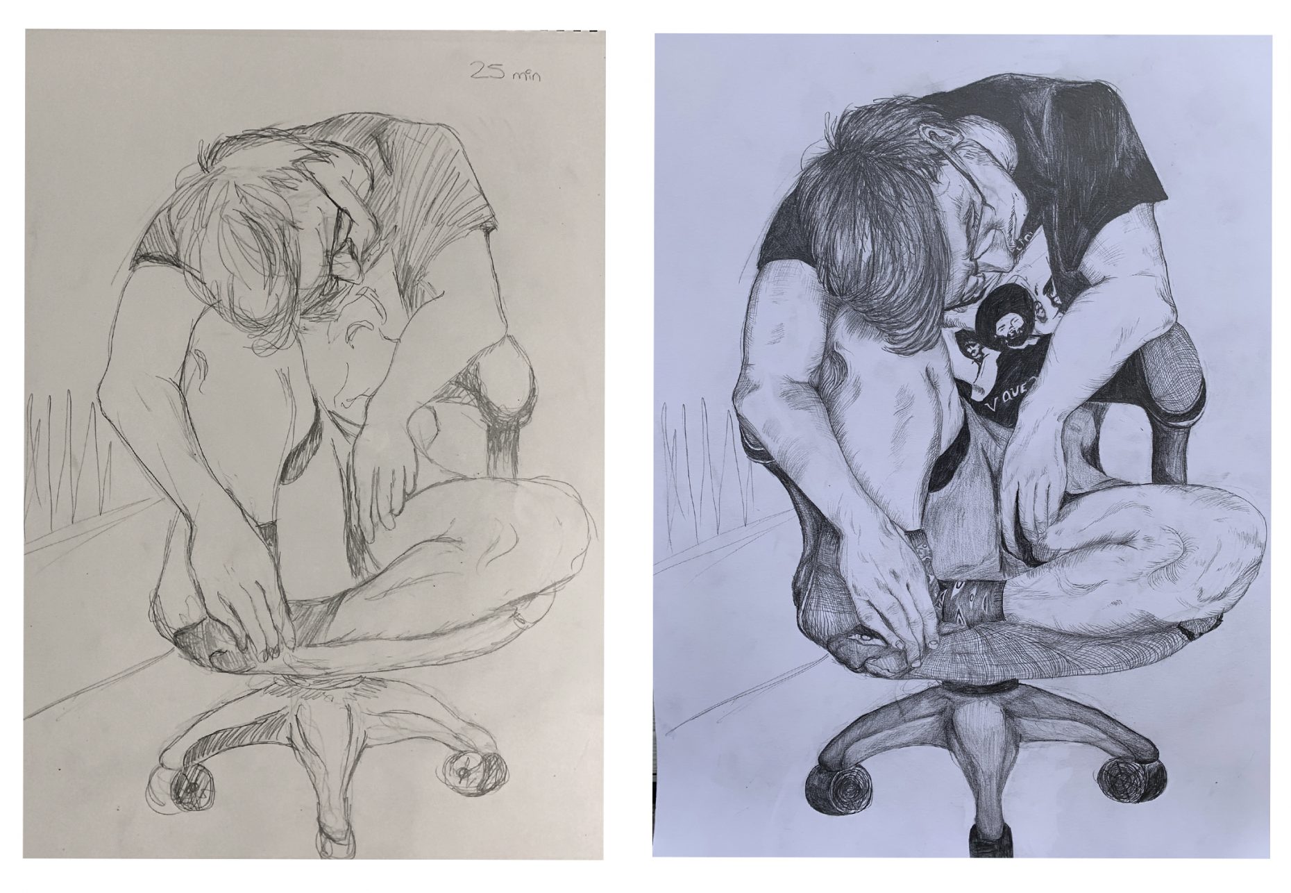 sketch and final drawing of person crouched in desk chair