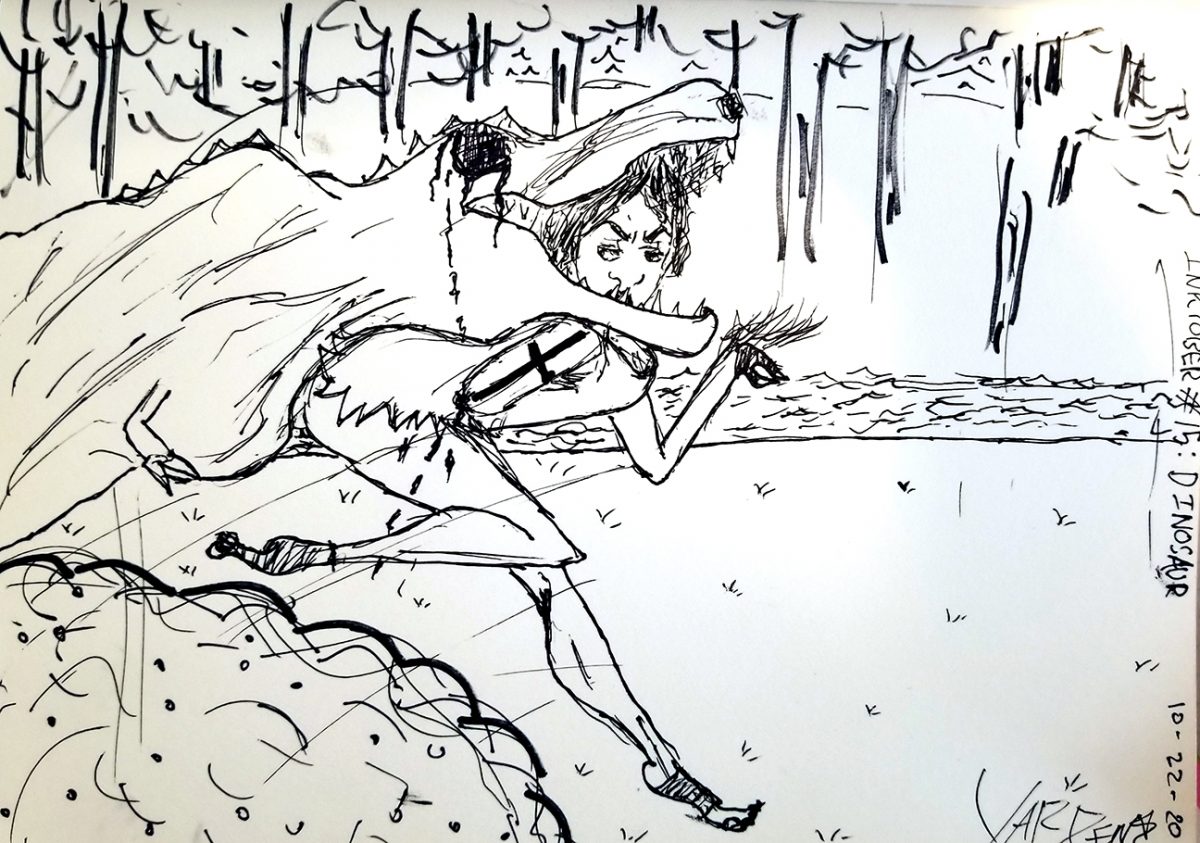 person in dinosaur cloak