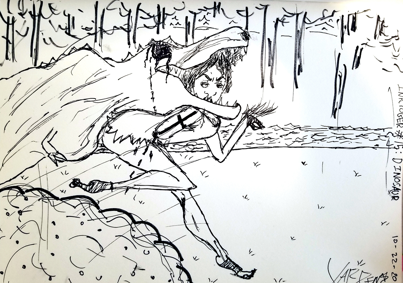 person in dinosaur cloak