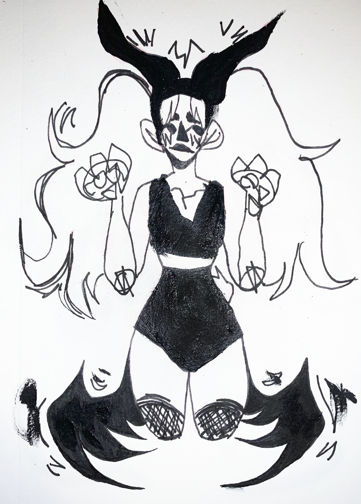 b/w drawing of a person with long hair kneeling.