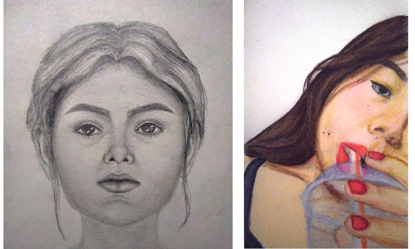 two portraits, one person drinking from a straw