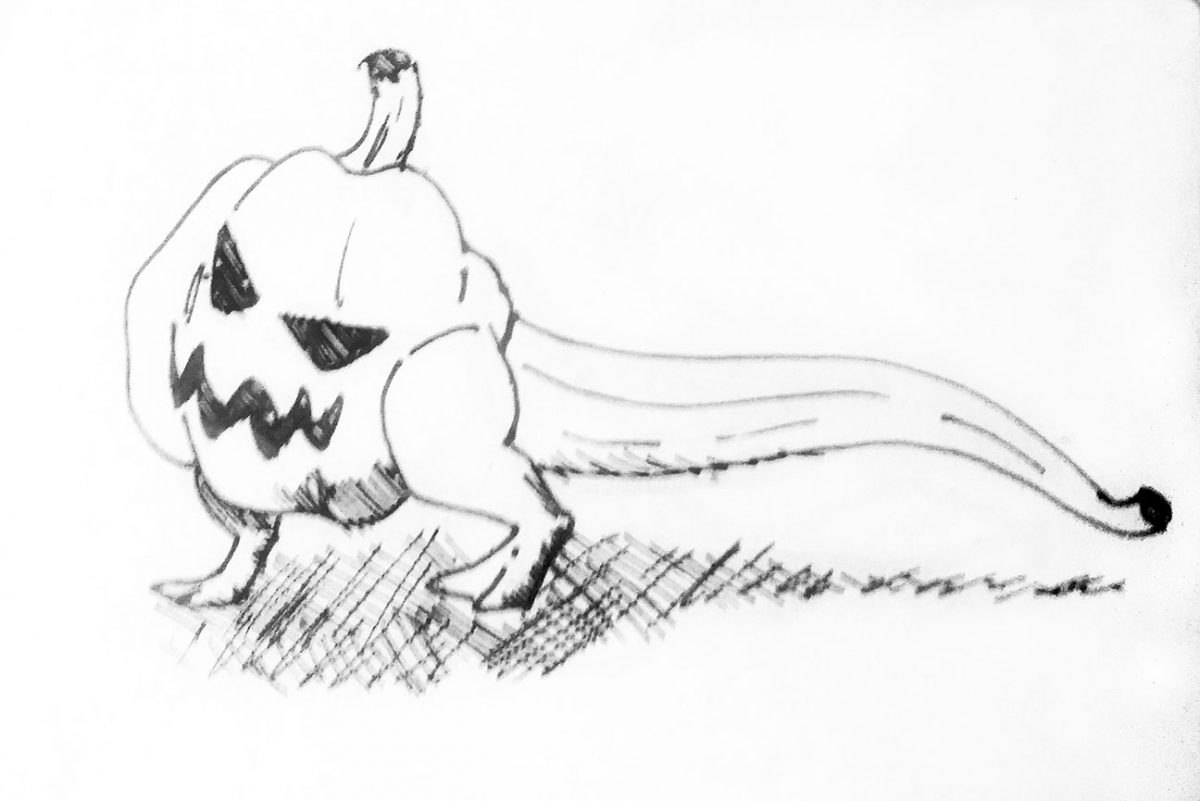 pumpkin with a tail and legs