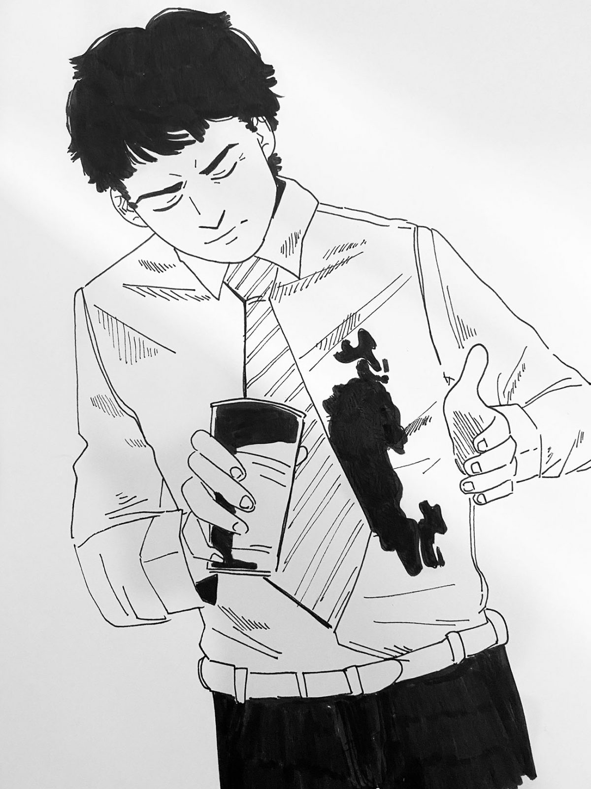 person who spilled coffee on the front of their shirt.