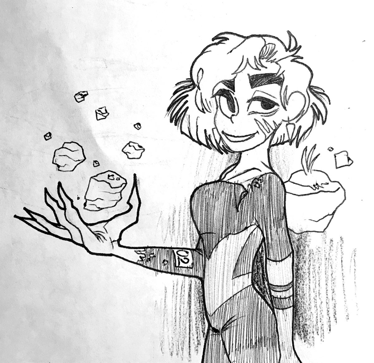 person with a claw hand with levitating rocks