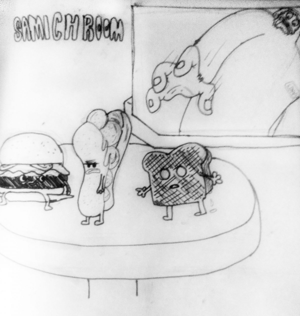 Hamburger, hoagie, and sandwich with a hand reaching for them.