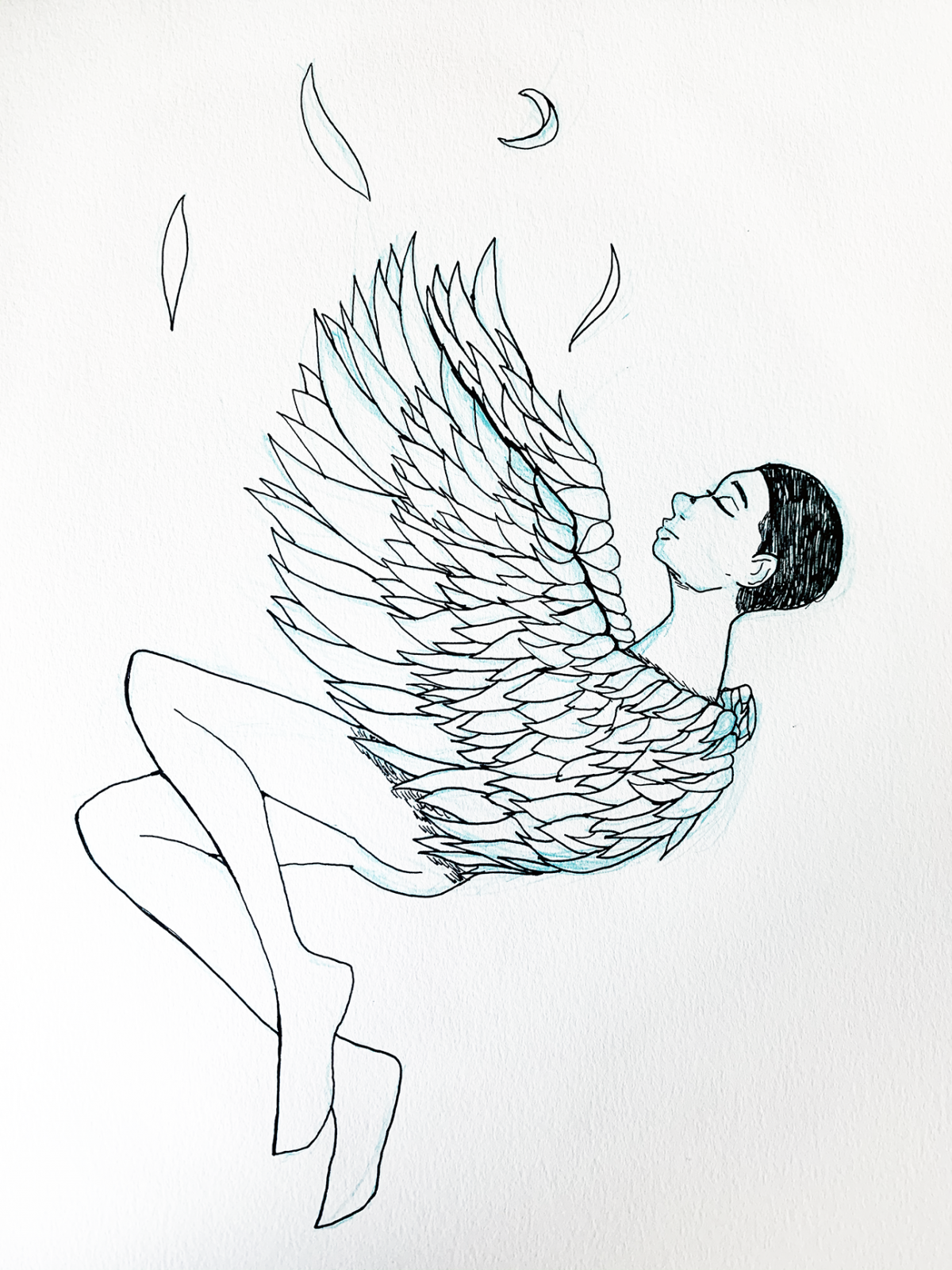 person sleeping wrapped in wings