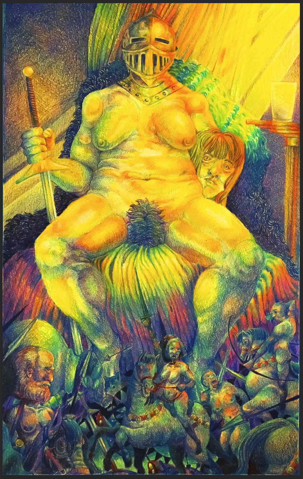 Large nude figure seated, drawn in yellow and green hues. Wearing a battle helmet, holding a spear in their right hand and a head of a person with their left arm. Other smaller figures are battling on horses at figure's feet.