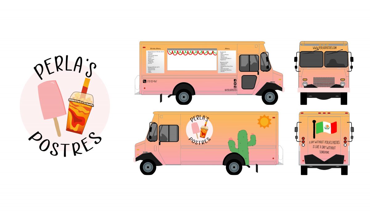 Graphic design for Perla's Postres. Logo with ice cream treat and drink; and pink food truck shown from all four sides.