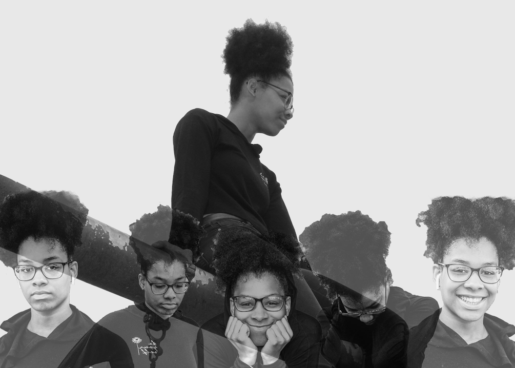 Black and white composite photo of a person's face portraying different emotions; each image of their face at different angles and images layer on top each other.