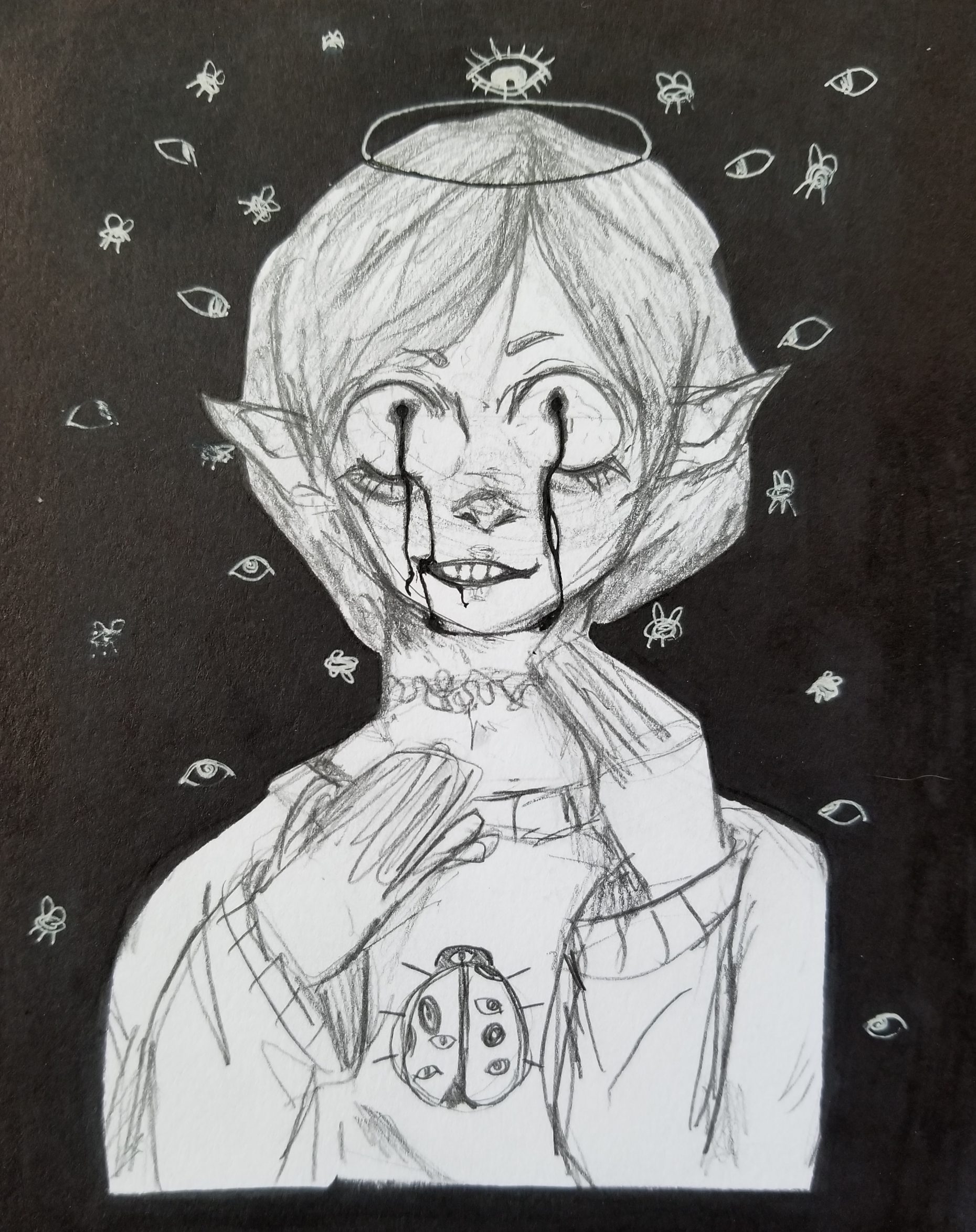 line drawing of person with pointed ears and bleeding eyes surrounded by eyes on a blackbackground