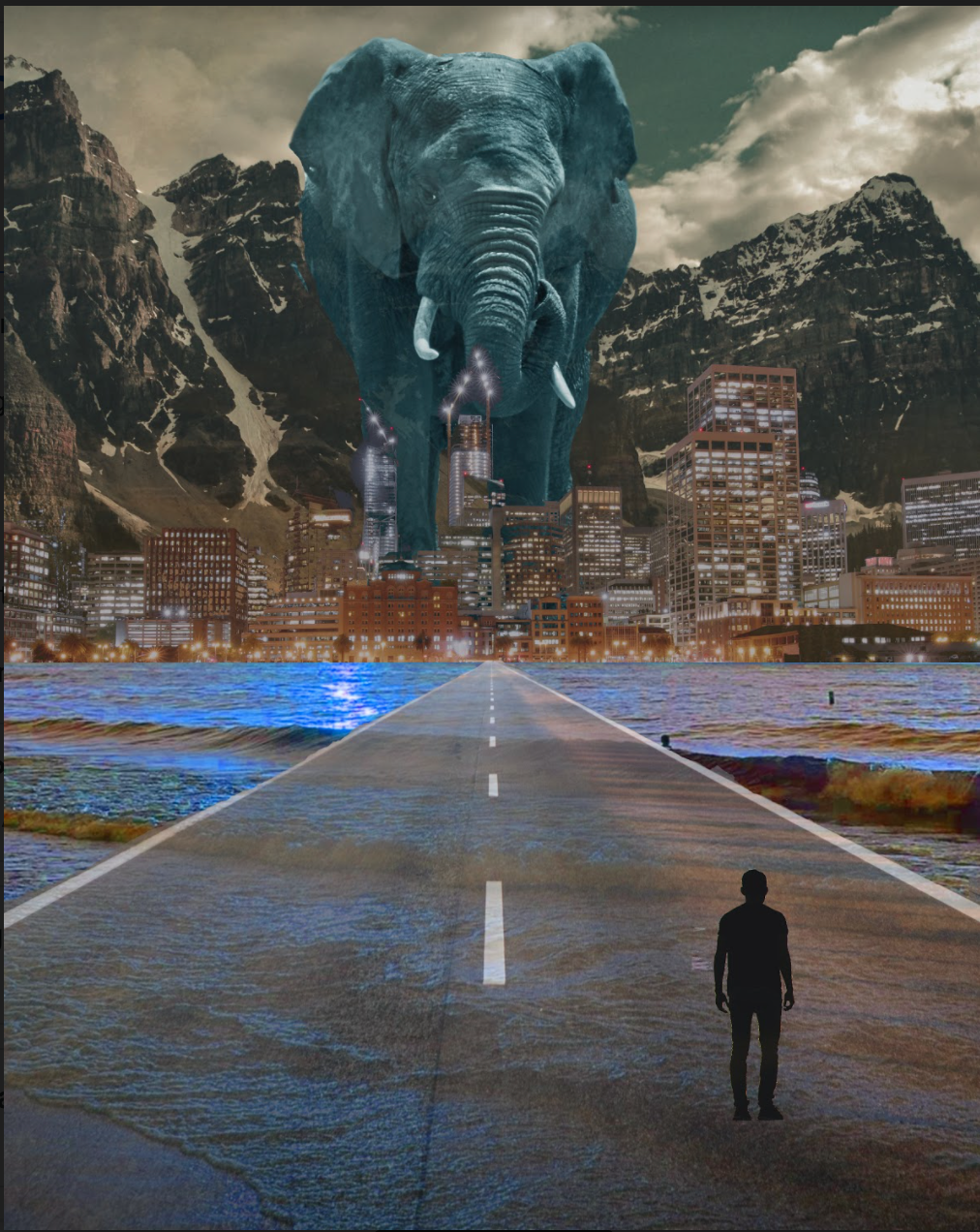 Surrealist image with person walking on road in front of large elephant emerging from mountain range.