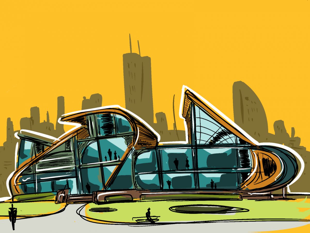 Drawing of a public building with silhouetted figures against an orange cityscape background.