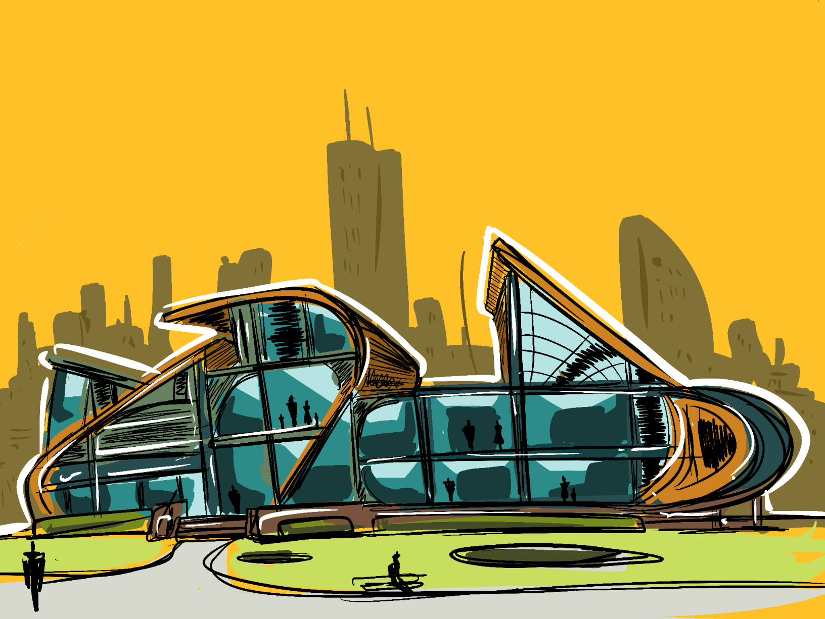 Drawing of a public building with silhouetted figures against an orange cityscape background.
