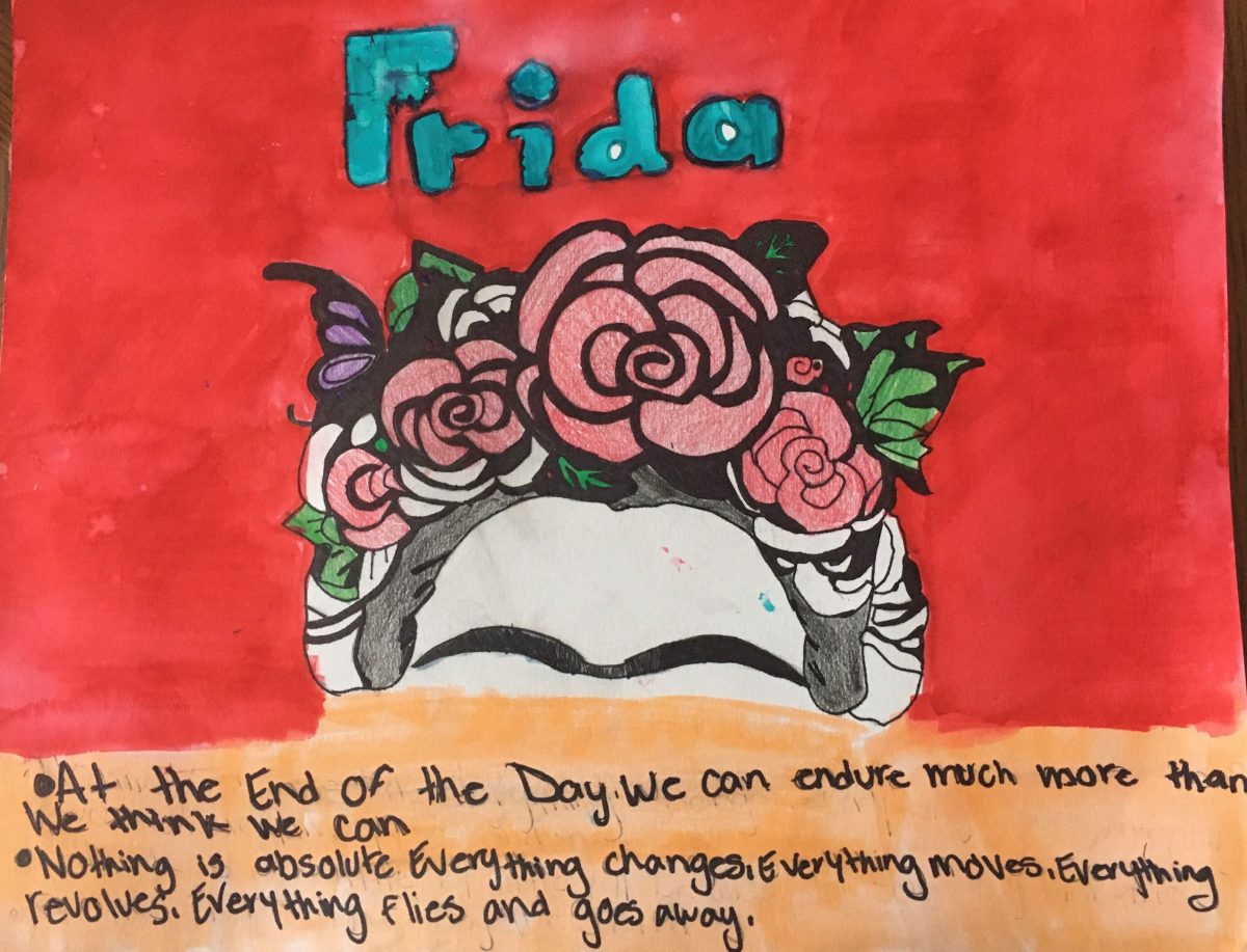 Painting of the top half of Frida Kahlo's head, with "Frida" written above and two quotations below, with a background of bright red.