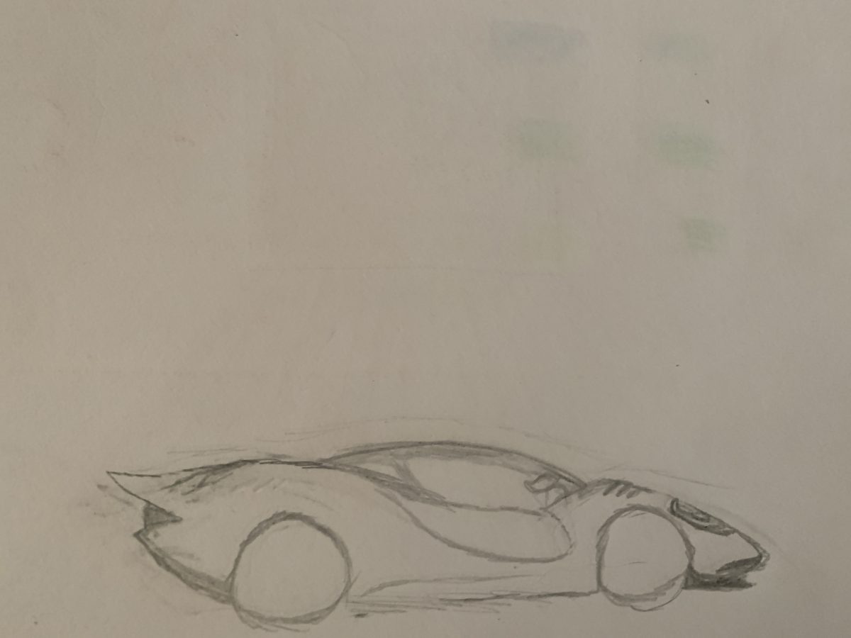 Stylized pencil drawing of a sports car with soft lines, large wheels and gradual curves