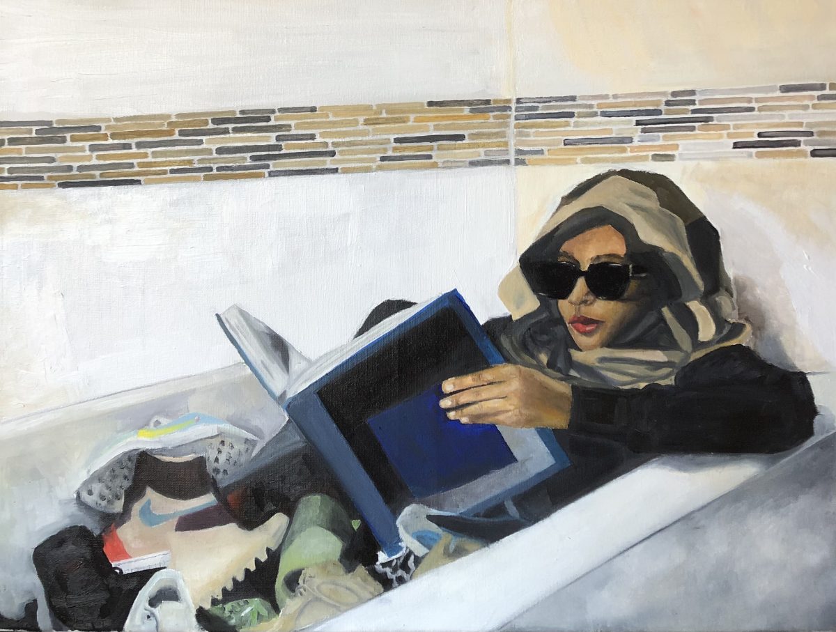 Painting of a person lying down, fully clothed in a bathtub. They are wearing a scarf around their head, sunglasses and reading a book. The tub is filled with gym shoes.