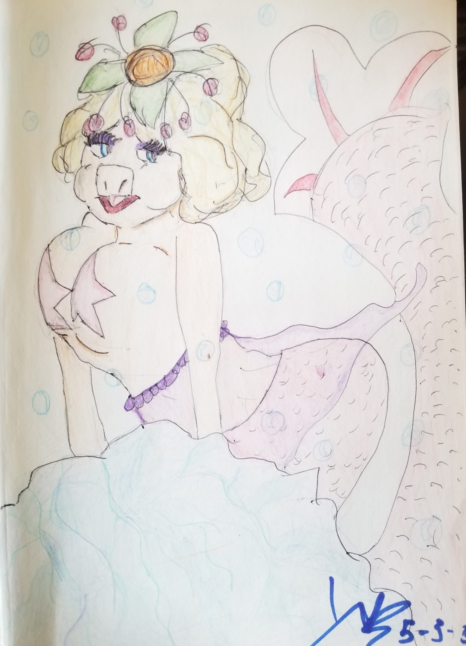 Drawing of Ms. Piggy as a mermaid. Water is in front of her. She wears a flower in her hair and her tail curls up behind her.