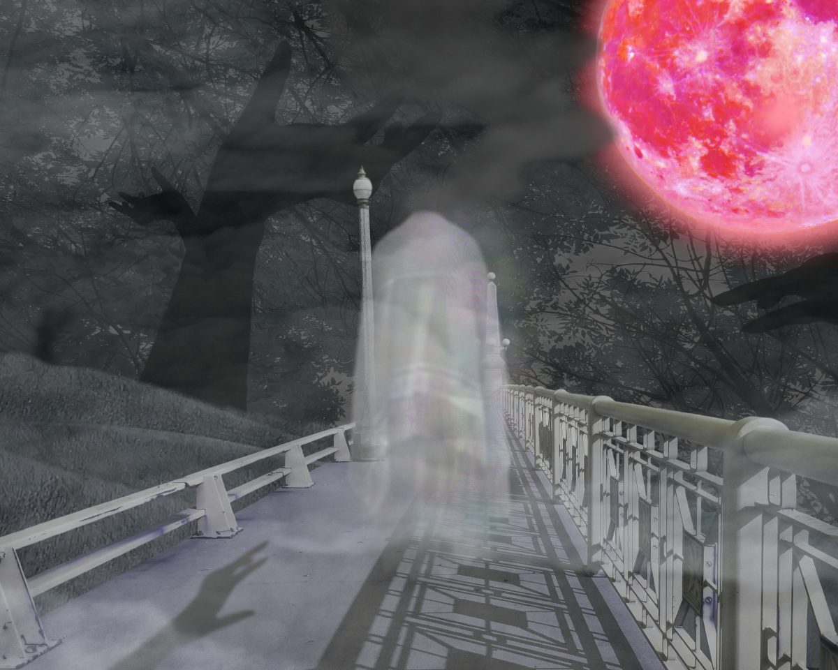 Surreal landscape with a ghost on a bridge with a red moon.