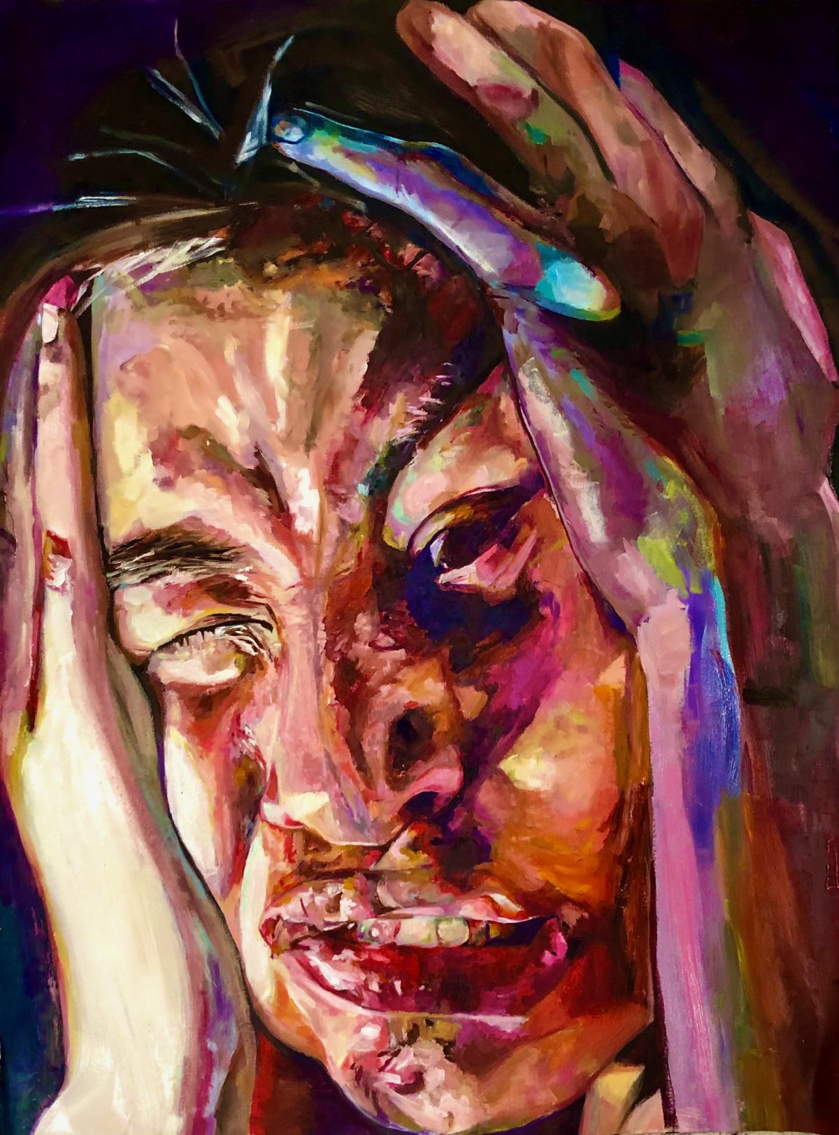 Painting of a person smashing their face with their hands.
