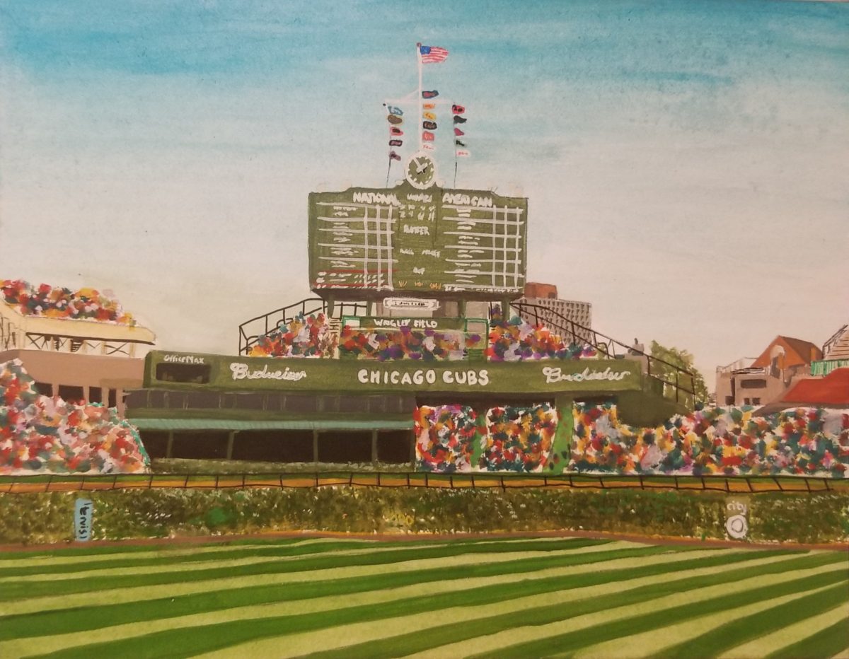 Interior view of Wrigley Field looking towards the bleachers and scoreboard